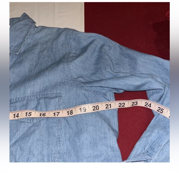 XL hint of mint BLUE Jean shirt white LACE BACK Chambray Oversized button up XL - Picture 3 of 12